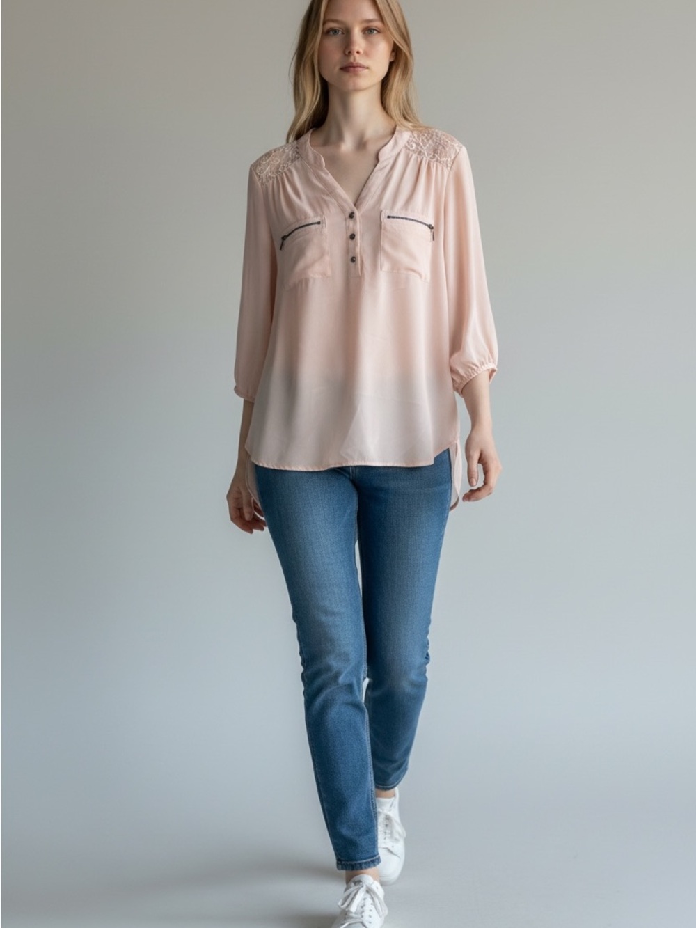 Women's Light Pink Lace-Shoulder Henley Blouse